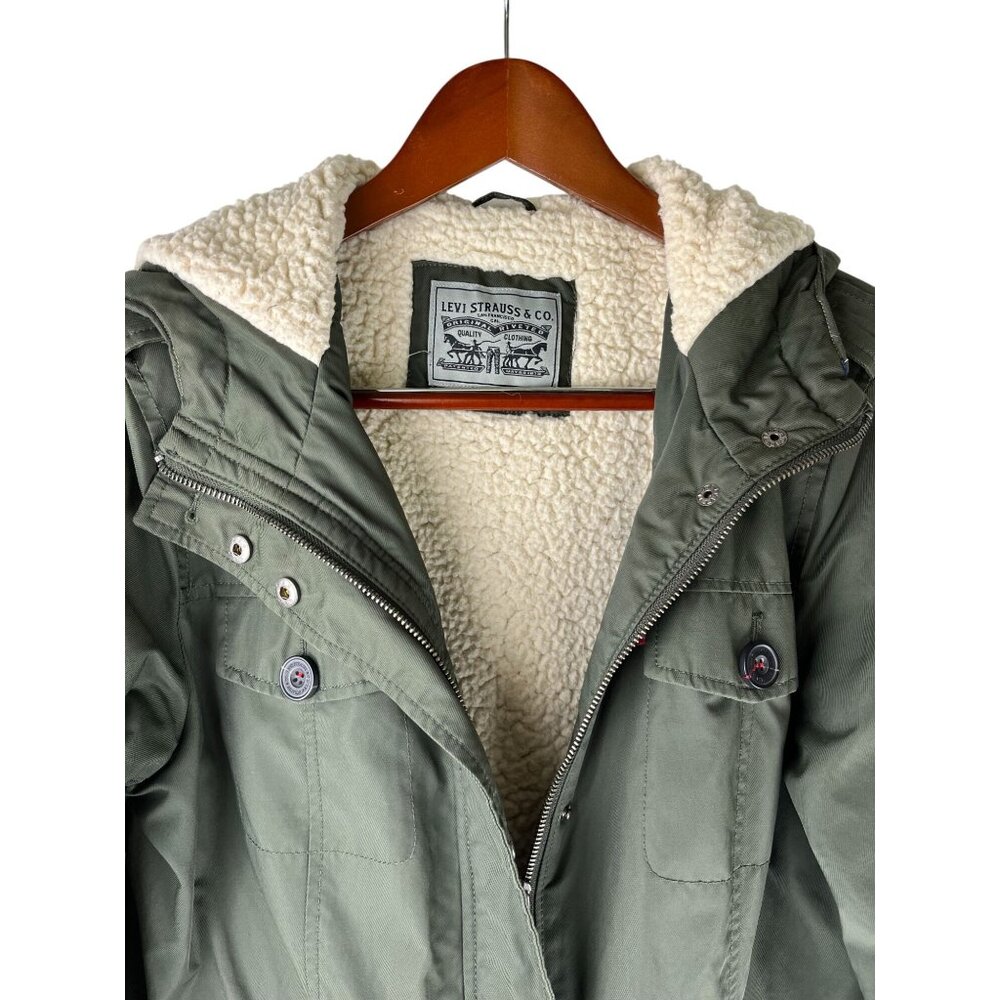 Grunge Levi Strauss & Co Hooded Sherpa Lined Army Green Jacket, Women's Medium - Picture 8 of 16